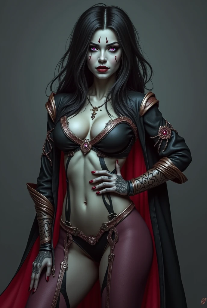 Melena is a beautiful necromancer, black hair, in the style of a Heavy Metal magazine cover, high detail plunging robe, high detail face, high detail skin, fit athletic body, Heavy Metal aesthetic, necromancer's lair background, high quality, masterpiece, realistic photo, intricately detailed, 8k, HDR, shallow depth of field, wide light, high contrast, backlight, light flares, chromatic aberration, sharp focus, RAW color photo, looking at the camera, cool colors, erotic pose, seductive smile