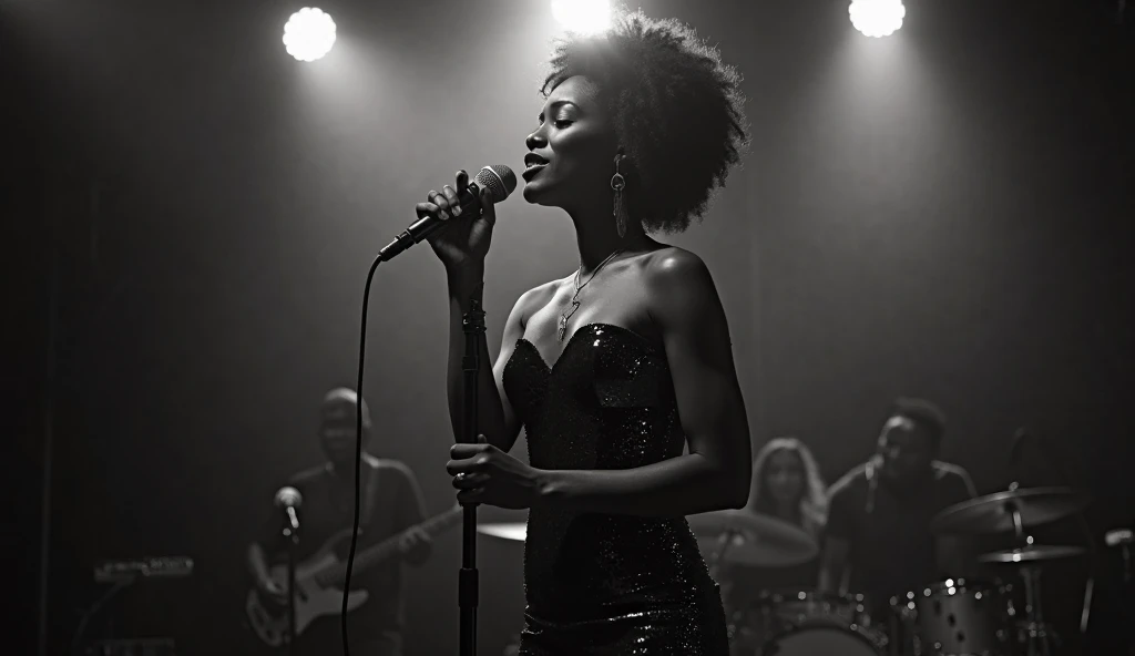 Rorschach images in shape of a black woman,(realistic:1.3), finely detailed, quality, (masterpiece:1.2), (photorealistic:1.2), (best quality), (detailed skin:1.3), (intricate details), dramatic, black female singer on stage with a microphone singing, 21 years old, detailed skin texture, (blush:0.5), serious expression, short hair curls, bangs, hair between eyes, full body portrait shot, dark background, (detailed shadows, monochrome, black and white photo, silhouette, spotlight, dark theme:1.4),