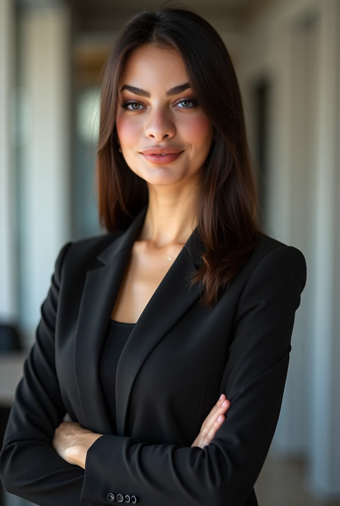 The SAME face of the sophisticated , Latin woman, of 1,80 meters high, slim brunette,  straight black hair without waves, large eyes, elongated profile , filena nose, medium thick lips, with a beautiful smile, professional, executive that this one is dressed in white,  Speaking through a microphone in an auditorium. 