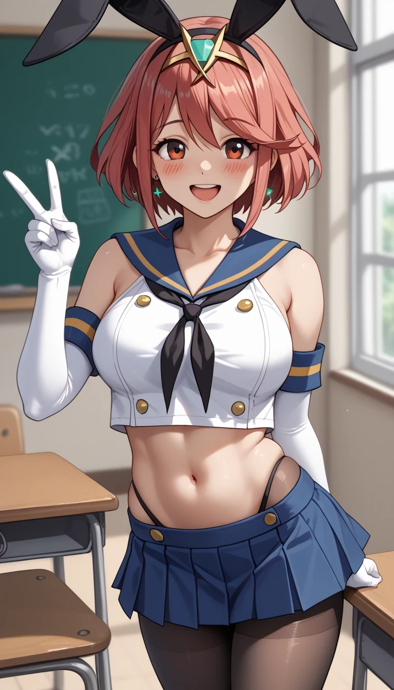 score_9, score_8_up, score_7_up, source_anime top quality、8k、masterpiece、natural light、high accuracy、perfect anatomy、One woman、Big Breasts、saggy breasts:1.3、((pyra))、( Happy Expression 、fun expression、blushes)、shimakazecosplay, shimakaze \(cosplay\), highleg panties, black neckerchief, microskirt, (((perfect pantyhose, bule pantyhose、Wearing panties over pantyhose))), black panties, elbow gloves, thong, blue sailor collar, white gloves, crop top, sailor collar, blue skirt, black hairband, bunny ears、(school classroom)、 stand and pose、V sign