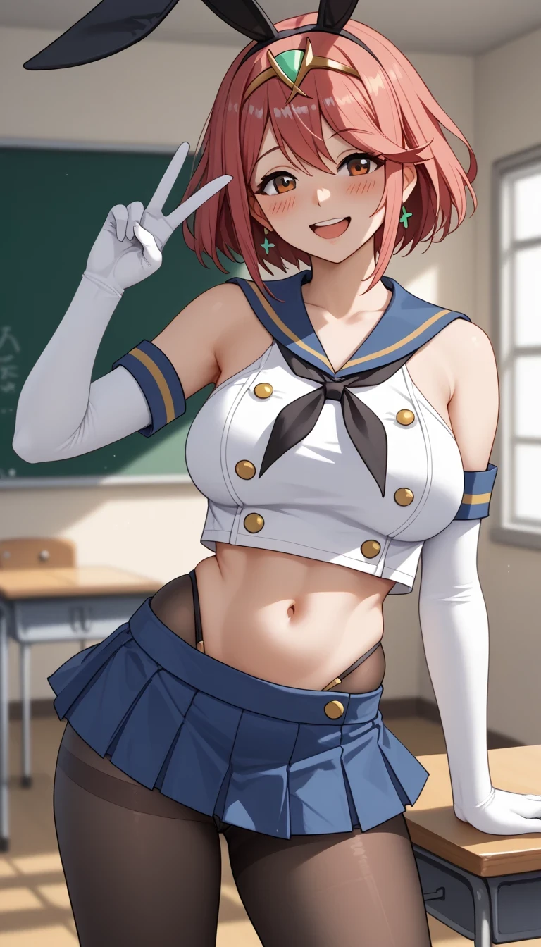 score_9, score_8_up, score_7_up, source_anime top quality、8k、masterpiece、natural light、high accuracy、perfect anatomy、One woman、Big Breasts、saggy breasts:1.3、((pyra))、( Happy Expression 、fun expression、blushes)、shimakazecosplay, shimakaze \(cosplay\), highleg panties, black neckerchief, microskirt, (((perfect pantyhose, bule pantyhose、Wearing panties over pantyhose))), black panties, elbow gloves, thong, blue sailor collar, white gloves, crop top, sailor collar, blue skirt, black hairband, bunny ears、(school classroom)、 stand and pose、V sign
