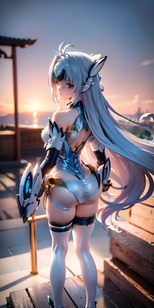 (top-quality、tmasterpiece:1.2),teens girl,Silver hair、Smooth skin、Smooth legs、Busty body,red bikinis,Moon,onbed,Visible on the back,Butt visible,Dog crawling kneeling position,