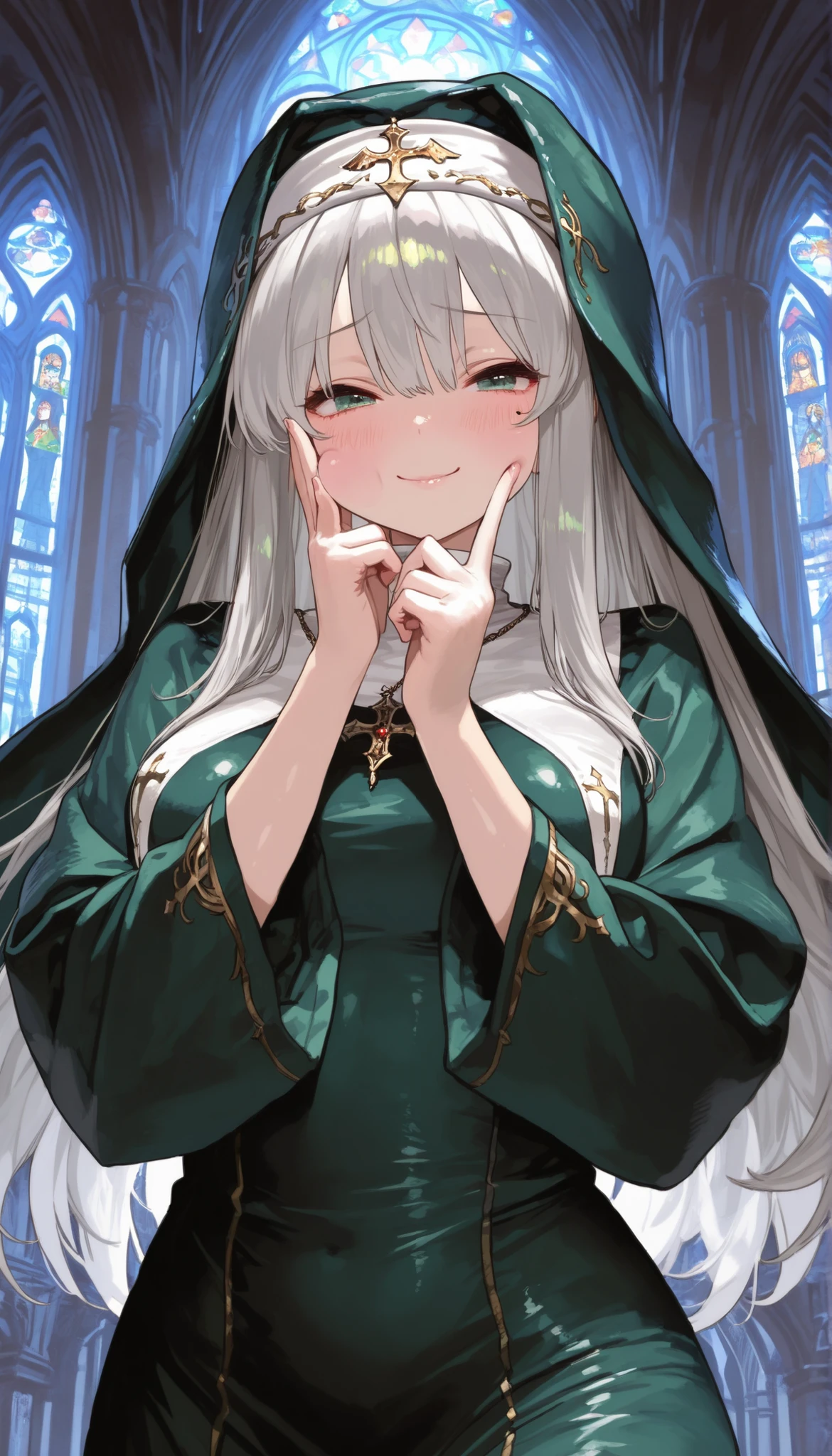 (((Best quality, 8k, Masterpiece: 1.3)), ((best quality)), ((masterpiece)), (detailed), perfect face, perfect body, (detailed skin:1.3), (intricate details), Nun, green robe, silver hair, long hair, shiny hair, shy smile, Cathedral, stained glass, Sacred, serene, Make a V sign with right hand and place it on right cheek