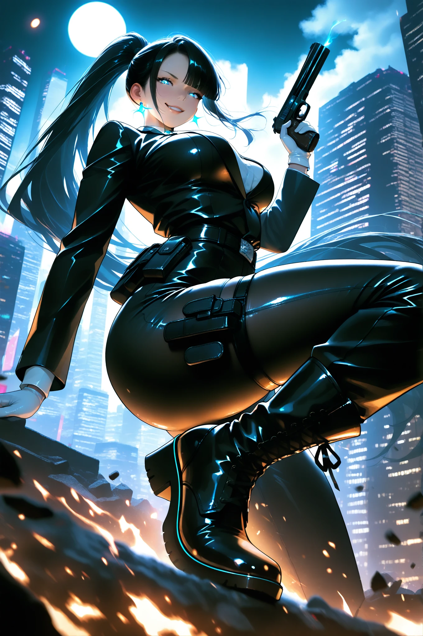 inside a high tech control room with many monitors and screen, wearing black suit and mini tight skirt, a girl with calm and rational personality, demonstrating a loyal and efficient approach to her tasks, human-like aspect to her, possess emotions and empathy, leadership and cooperation would be crucial traits for her in order to support the mercenaries effectively, 6-foot-tall mechanical being with a silver metallic exterior, boasts a futuristic design, sports data control gloves on her wrists, with small hardware interfaces on her fingertips, waist carries a belt containing communication devices, hacking tools, and other accessories, 8k, masterpiece, RAW photo, best quality, photorealistic, extremely detailed CG unity 8k wallpaper, Depth of field, Cinematic Light, Lens Flare, Ray tracing, (extremely beautiful face, beautiful lips, beautiful eyes), intricate detail face, ((ultra detailed skin)) 1girl, in the dark, deep shadow, pretty korean girl, kpop idol, 1 girl, (very slim slender fit-muscled body:1.3), ((looking at viewer)),(big smile:1.3), (fashion city night, dark night, (neon sign), (blurred background), fashion street night),(without people in the background:1.3), beautiful earrings, bracelets, necklace, pantyhose, clear eyes, walking, (pale skin), (big eyes), face forward, (brown hairs), (full body shot), ((silk hot navy blue color dress:1.3)), ((tight fitting dress)), ((laced dress)), (looking at viewer:1.3) open breast, very slim, medium breasts, turning back, (back shot), ass focus, brow front,(tight dress), thick thighs