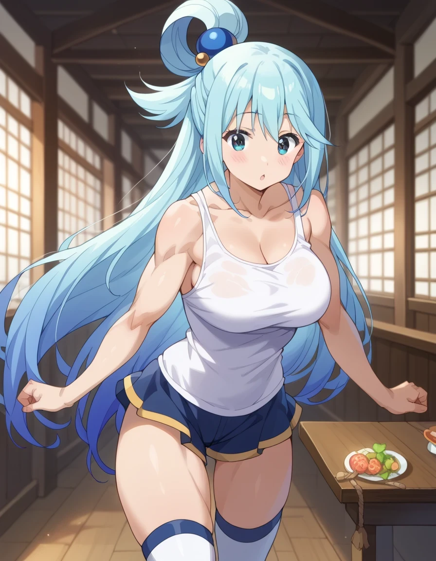 score 9 、score 8 up、score 7 up、source anime、masterpiece、Highest Quality、high resolution、1woman、konosubaaqua、、aqua \(konosuba\)、Blue Hair、very long hair、blue eyes、hair ornament、single hair ring、hair bobbles、(Pure white tank top:1.5)、collarbone、trapezius、deltoids、anterior deltoids、middle deltoids、posterior deltoids、biceps、biceps longhead、biceps shorthead、triceps、triceps medialhead、triceps lateralhead、triceps longhead、brachioradialis 、covered thigh muscles、covered semitendinosus、covered hamstrings、covered adductor magnus muscles、skin tight tank top、plain tank top、Big Breasts、very large breasts、 Huge Muscles、Strong muscles、chunky muscle 、(muscular female:1.5)、white thighhighs、blue knee boots、Bare shoulders、Bare Arms、blue miniskirt、cowboy shot、looking at viewer、dutch angle、
