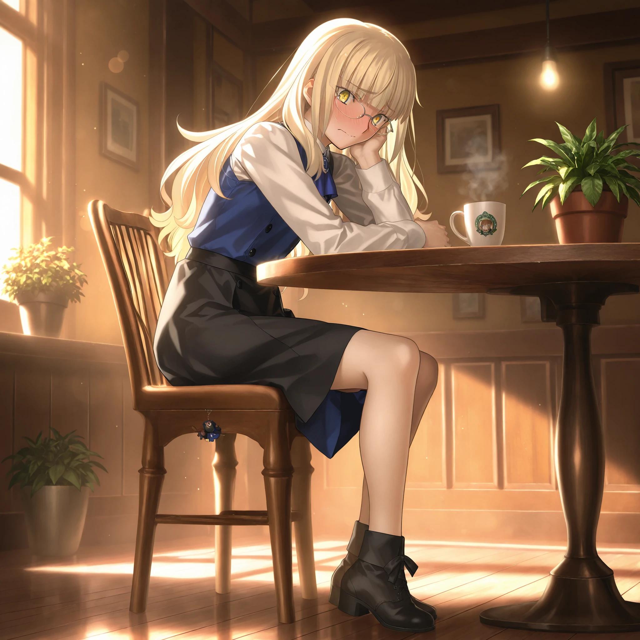 masterpiece, , absurdres, highres, detailed background, high resolution, masterpiece, necessary, detail, best quality, quality, necessary, details, High details, Precise, dark, lens flare, blurry background, full body,
                                                                                                                                                                                                                         1girl, , Takeuchi Takashi (type-moon,fate) style, takeuchi takashi style, 
, perrine_h._clostermann, ,  Perrine-H Clostermann , blonde_hair, 
tall girl, mature,  bangs, ((straight hair)), tsurime,  embarrassed, small breast, flat chest, "A young woman sitting gracefully on a chair in a cozy café, holding a coffee cup with both hands and smiling warmly. She is surrounded by soft lighting that enhances the relaxed and inviting atmosphere. The setting includes a wooden table, subtle decorations like potted plants, and the charm of a small, intimate café. The art style is inspired by Japanese anime, with vibrant yet soft colors, delicate linework, and expressive eyes that capture her cheerful mood."