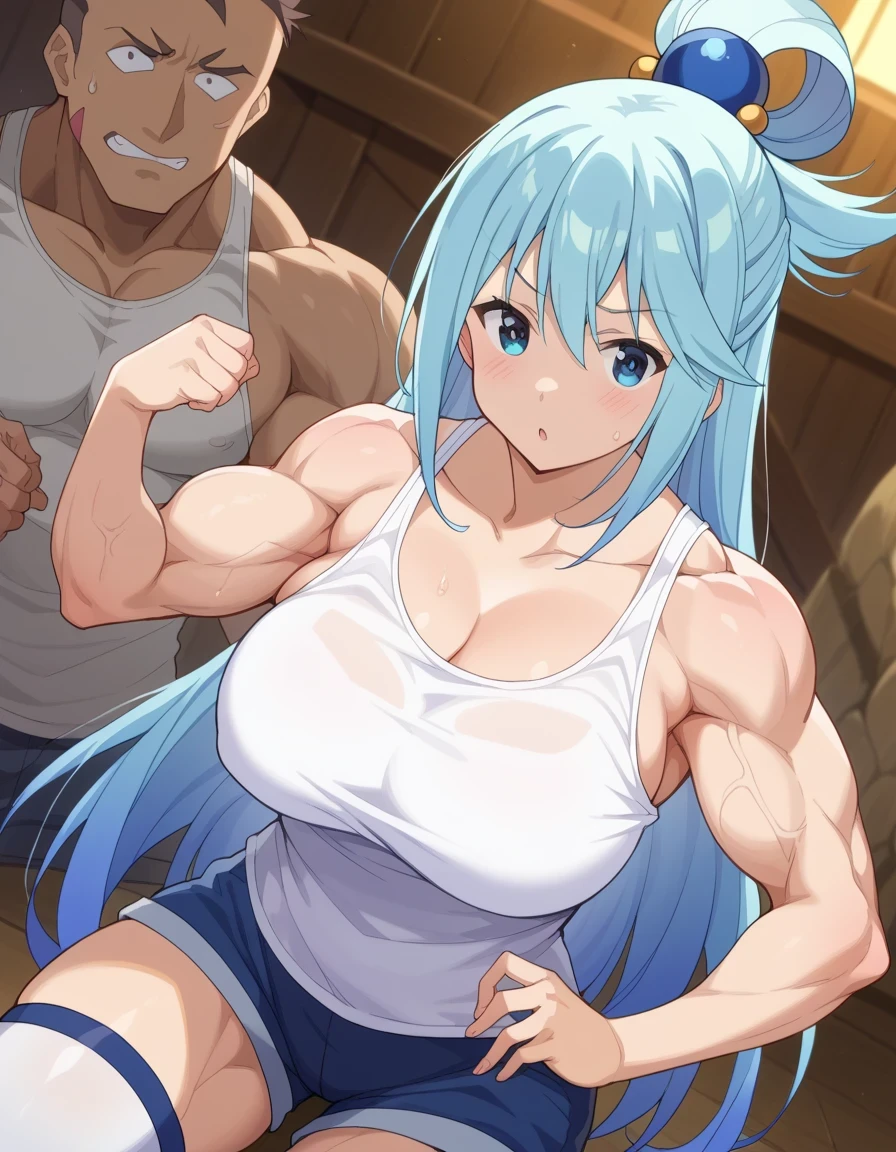 score 9 、score 8 up、score 7 up、source anime、masterpiece、Highest Quality、high resolution、1woman、konosubaaqua、、aqua \(konosuba\)、Blue Hair、very long hair、blue eyes、hair ornament、single hair ring、hair bobbles、(Pure white tank top:1.5)、collarbone、trapezius、deltoids、anterior deltoids、middle deltoids、posterior deltoids、biceps、biceps longhead、biceps shorthead、triceps、triceps medialhead、triceps lateralhead、triceps longhead、brachioradialis 、covered thigh muscles、covered semitendinosus、covered hamstrings、covered adductor magnus muscles、skin tight tank top、plain tank top、Big Breasts、very large breasts、 Huge Muscles、Strong muscles、chunky muscle 、(muscular female:1.5)、white thighhighs、blue knee boots、Bare shoulders、Bare Arms、blue miniskirt、cowboy shot、looking at viewer、dutch angle、