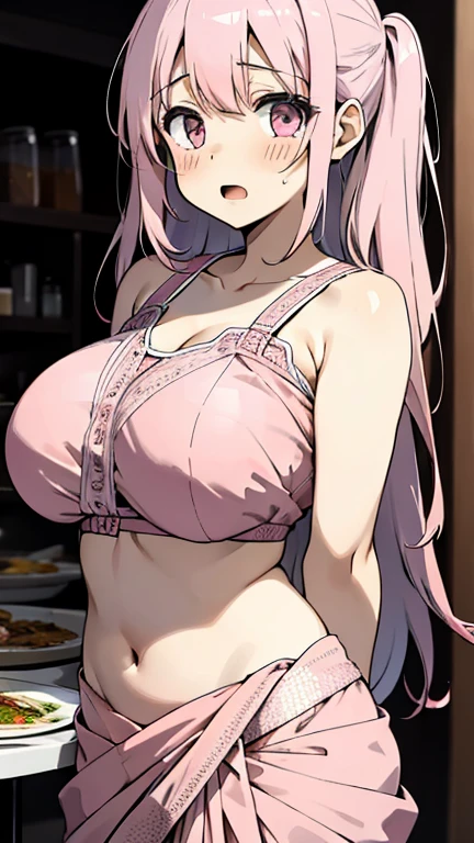 One girl, alone, Pink Hair, Butterfly Hair Ornament, (naked:1.3), (White apron), Large Breasts, Cleavage, Thighs, Cafe Background, (Blushing:1.3),Ahegao