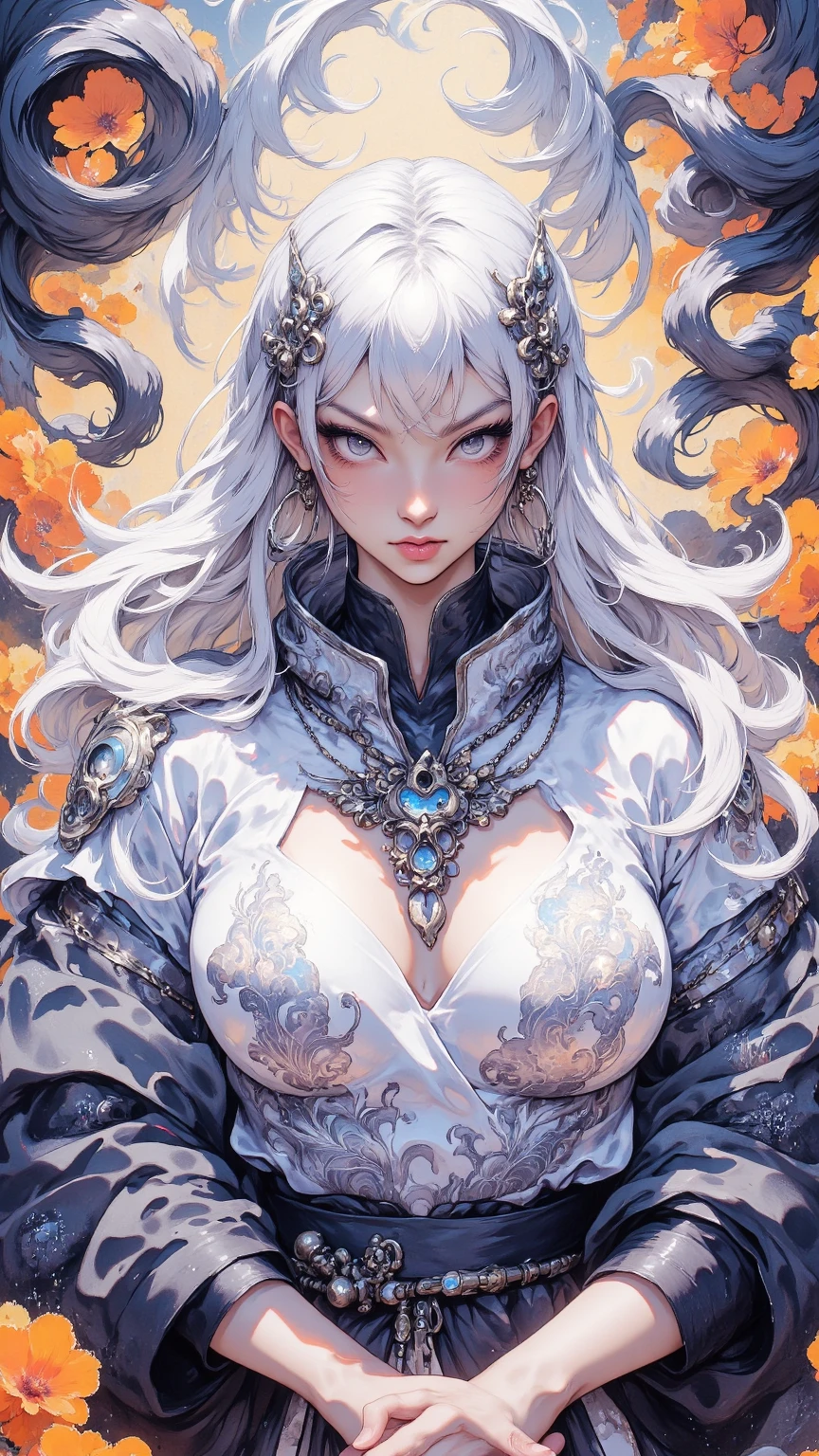 a close up of a woman in a dress with a large breast, full color manga cover, style of masamune shirow, manga comic book cover, by Masamune Shirow, white haired deity, inspired by Masamune Shirow, doujin, japanese comic book, full color manga visual style, manga cover style, manga cover, ecchi