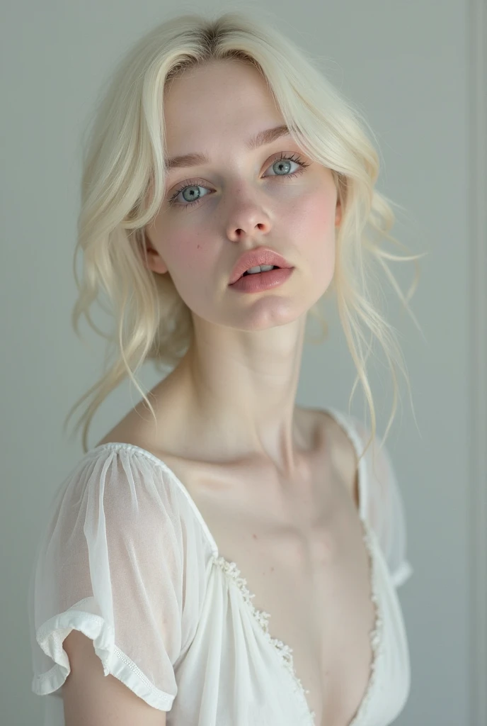 blonde blue eyed teenager wrapped in a white sheet