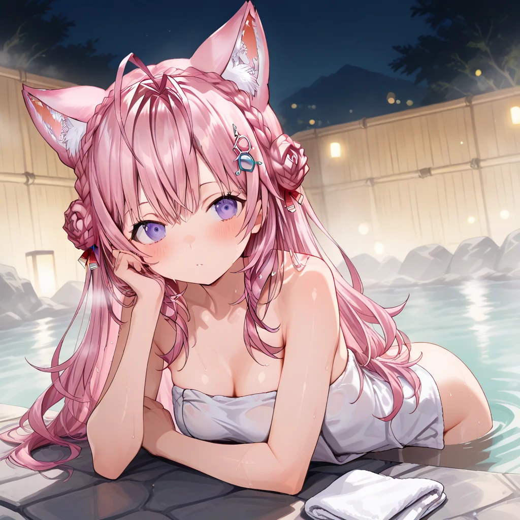 Cute, young, small breasts, 10 years old, naked, small legs, showering, thin legs, wolf ears, fluffy tail, dark purple hair, dark purple tail, smiling, starry hair