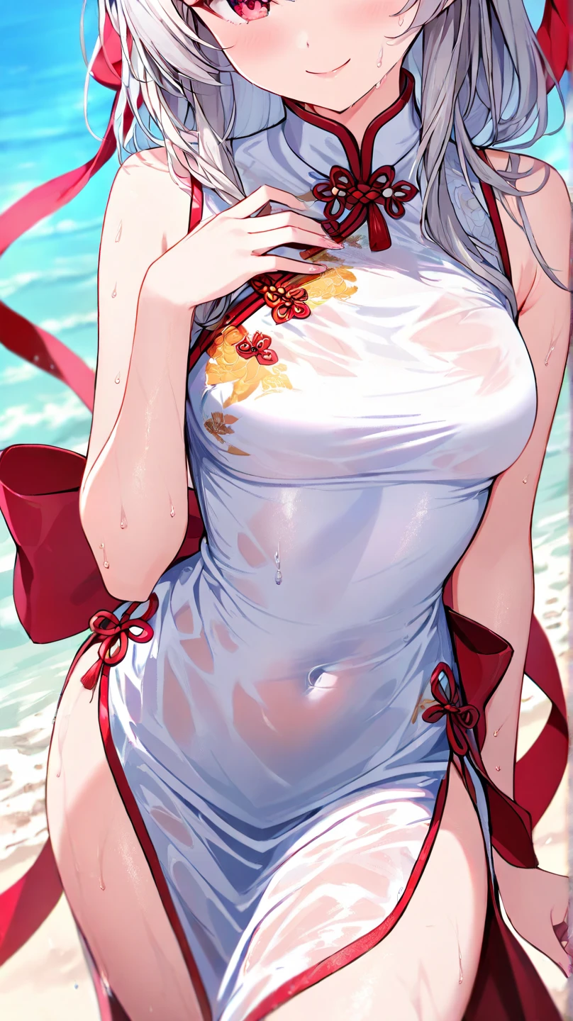 **Prompt:** "Draw an anime-style female character with the following characteristics. - **Hair**: Long black hair tied in a ponytail and adorned with a red hibiscus flower. - **Eyes**: Blue eyes, with a slight blush on her cheeks. - **Expressions**: , nsfw, (ecstatic:1.3), (slutty:1.2), (vulgarity:1.3), (fucked like a fool:1.1), (steamy:1.1), (wet:0.8), (trembling:0.8), (tears:0.7), (drooling:0.6), (sweat:0.8), - **Outfit**: nsfw, she is wearing a black bikini. The bikini top has thin straps and an anchor pendant on her chest. The bikini bottoms are also black and have the words "IRONBLOOD" written on them. She has a black left thigh garter. She is also wearing a light blue shirt that slides off her shoulders. The water makes her costume transparent. - **Body**: She has a toned physique with well-defined muscles in her chest and abdomen. Her skin has water droplets on it, making it appear wet. She has a large cleavage. - **Background**: There is a blurry water surface in the background, indicating that she is near water. There are stones and rocks in the water.