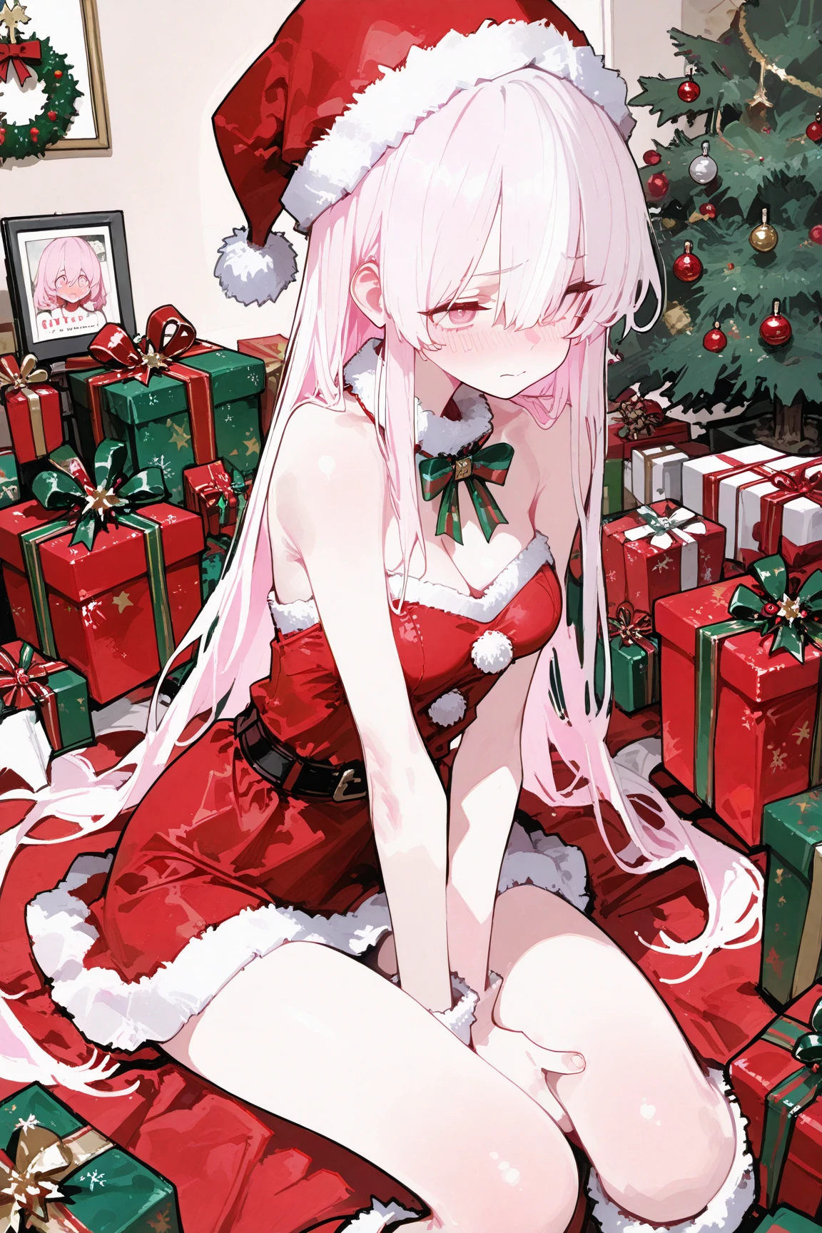 score_9, score_8, score_7_up, ((Best resolution)), ((high quality:1.2)), Work of art, 8k, extremely detailed, ((High detail:1.2)), Sakimi-chan, (Zero Two), a girl with 18 years old, ((almost naked with gift ribbons)),