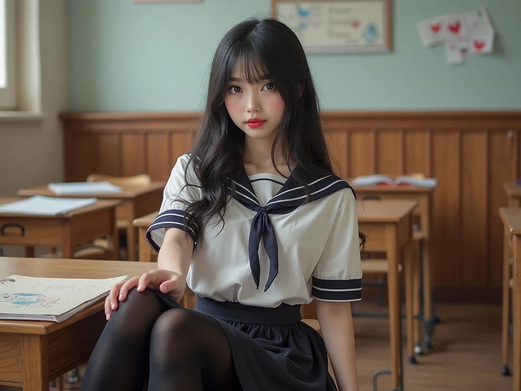 (top-quality、in 8K、32K、masterpiece、nffsw、超A high resolution、Impresionismo、Photorealsitic:1.2)、Colossal tits、cowboy shot, detailed faces and eyes、 Inside the classroom、Schools、Evening glow、beauitful face、blurry backround、16-year-old beautiful girl、shinny skin、Side Up、Beautiful black hair、Blunt bangs、Red Eye、(Katyusha:1.2)、a sailor suit、Pleated miniskirt、Curve、Sitting on a desk、