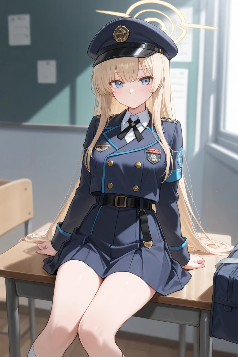 superflat, flat shading, flat colors, (masterpiece:1.2, best quality), (closeup), 2women, teen, slim, (white military outfit), pleated skirt, military hat, space cadet, sitting by desk, in classroom, put head on hand, bored, classmates in background, (spaceship interiors), futuristic, cosmos, watercolor