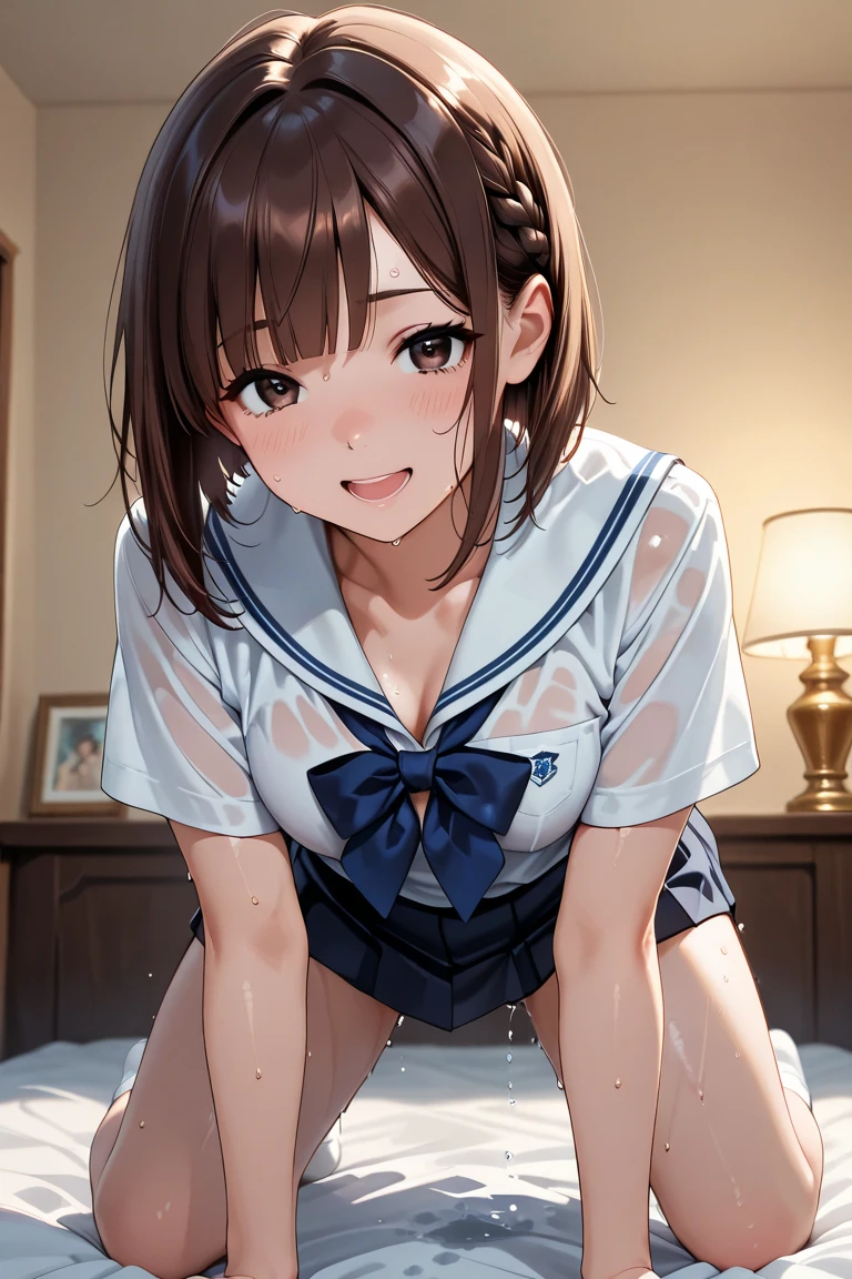 8K quality、High resolution、Man and woman in love、A man presses his penis against a woman from behind、Sexする、Beautiful fair skin texture、High resolutionの瞳、Japanese high school girls、Summer uniform、Open-neck short-sleeved white shirt、Cleavage、mini skirt、Brown Princess Hair、、Small breasts、Sweat accumulates in the chest、classroom、、Sex