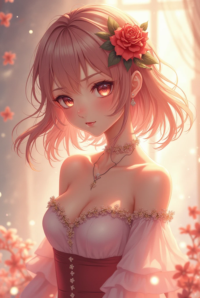Face close-up、short hair、girl1、smile、cherry blossoms、red eyes、Open your mouth、Pink Lips、Large Breasts、Cleavage、night、Starry Sky、Hide your arms behind your body、Glowing Hair、moonlight、(looking down:1.2)、inwardly curled hair、