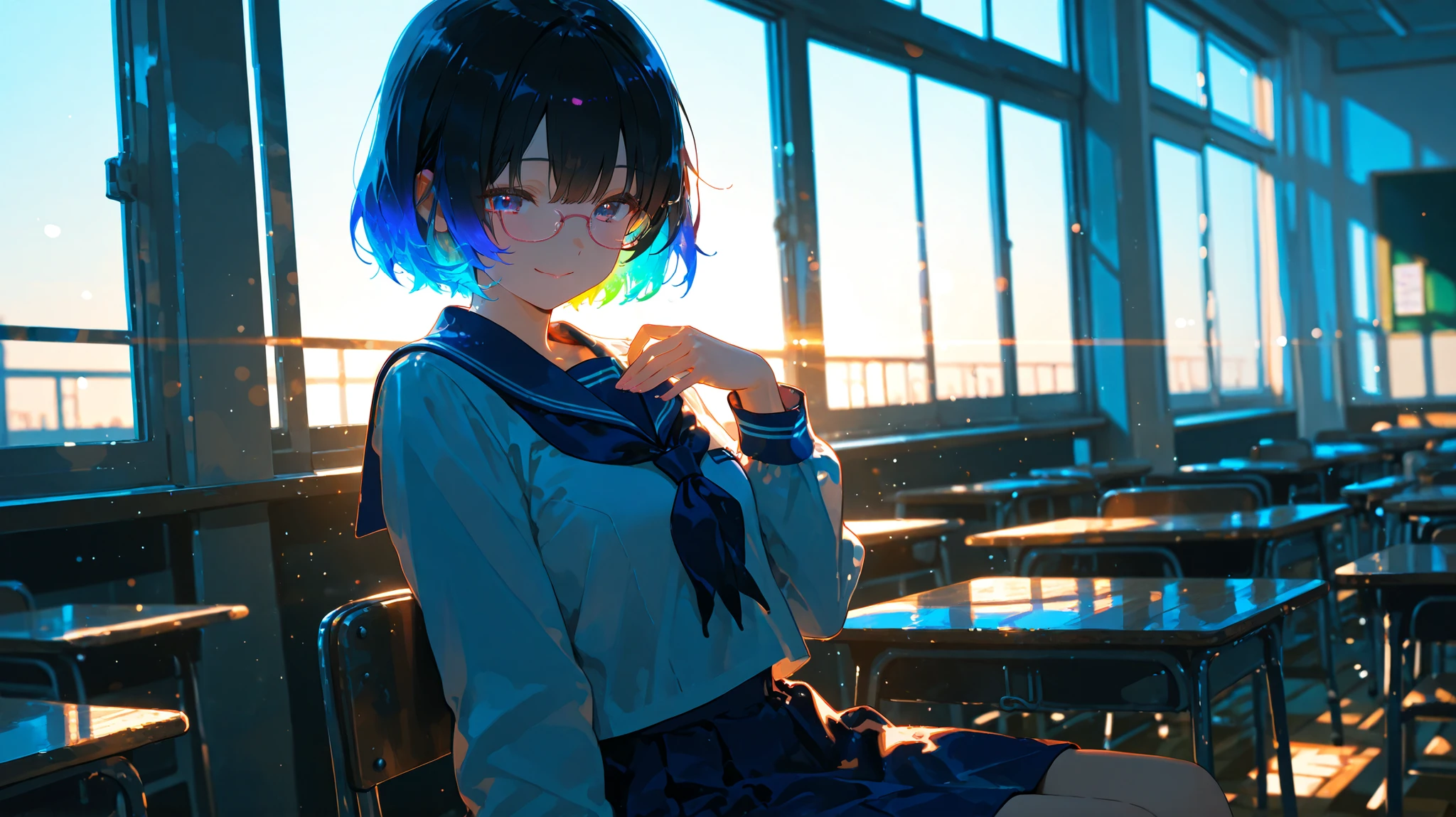 1girl, vivit colors, black short hair, navy school uniform, cinematic lighting, cinematic angle, soft light, color detail, backlighting, Depth of field, long exposure, light steps, intricate colors, vibrant colors, 748cmstyle, a girl sitting alone in a classroom, slouched at her desk. A delicate, fake smile cracks slightly. One hand is pressed to her chest as if something hurts. Sunlight comes in through the window, but she sits in the shadow.