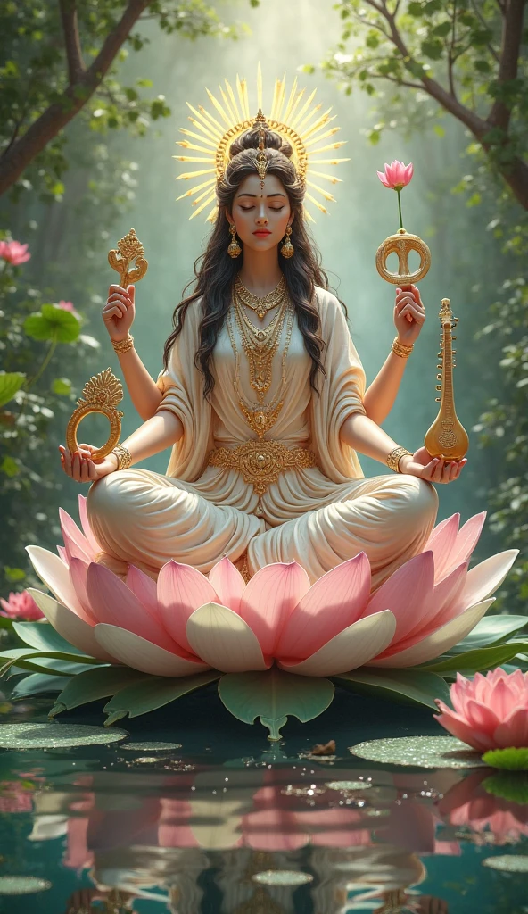 In the void, There is a beautiful virgin sitting leisurely in the lotus,Five-color sky,Perfect body posture,Delicate and radiant skin,(((White clothes))),(((Light red skirt))),(((White pants))),Barefoot,(Long curved eyebrows),Beautiful eyes sparkle,The large, Jewel-like eyes sparkle,Clear pupils have reflected light,二重まぶた,Lying silkworm,looks into camera,((Plump and rosy lips)) Clearly visible,((Flushed cheeks)),The mandible is plump,Green skin is delicate and smooth,Delicate skin translucent,A delicate and dexterous crown,inlaid gemstones,Delicate and skillfully set gemstones,Perfectly designed jewelry is exquisite,Beautiful eyes looking directly at the camera,((Pinch the stem of the lotus flower with one hand)),(((nice hand))),((((Good feet))),(((good legs))),realisticlying,white skinned,((Correct body structure)),Golden costume,decorated in white,Blue sky,Head background with round light,Behind him is a colorful rainbow circle,Color glow is turned on,Front lighting,Positive light,No shadows on the face,There are no shadows on the body,Blue sky,Unreal space,ethereal world,dreamworld,with blue sky and white clouds,tmasterpiece,4K,ultra-definition,professional photoshooting,Perspective looks up,Standard lens shooting,