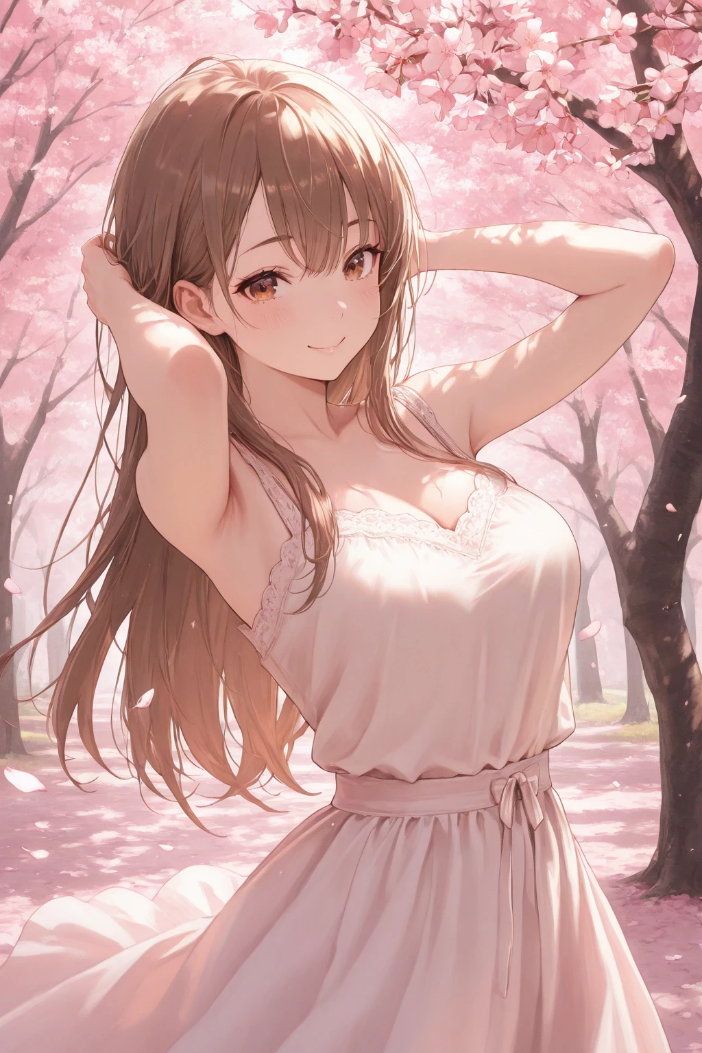 Pink brown hair,Long Hair,Pink Eyes,Drooping eyes,Large Breasts, smile, daughter,pink prom dresses,Anime Style,Moe character,cute,1,Clear,cherry blossoms
