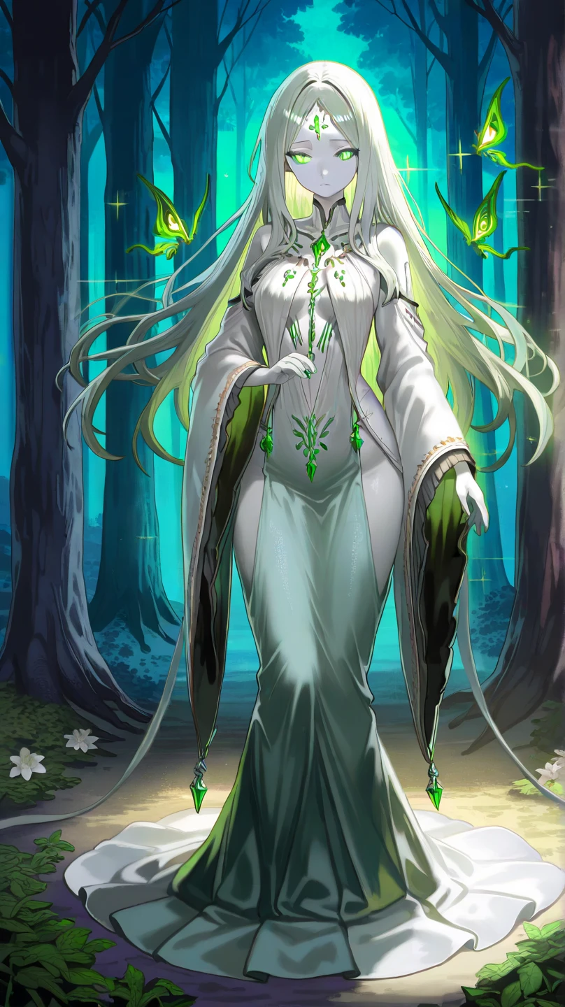 an corrupeted lake nymph her skin is gray pale, brunette long hair, green spectral eyes, blue lips and curvy body. she's wearing blue long dress and green gloves.