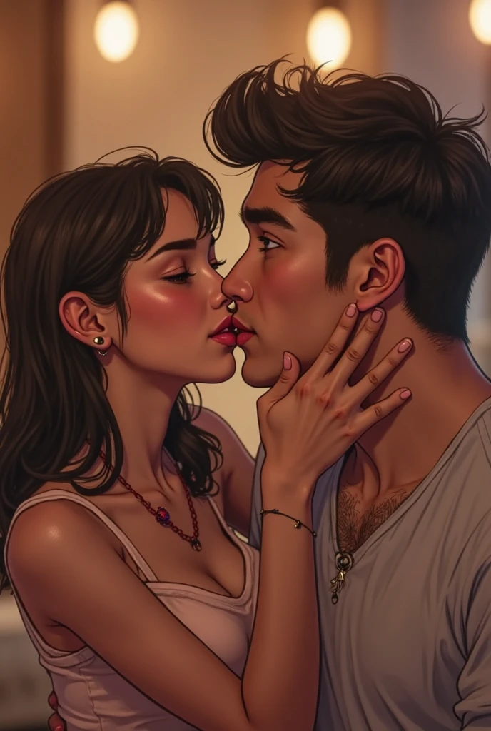 Amazing portait of a hot next door neighbour with her hair tied in a messy bun wearing an off shoulder checked olive green shirt that is unbuttoned and oversized kissing and making out passionately with her male neighbour on her bed in an intimate setting