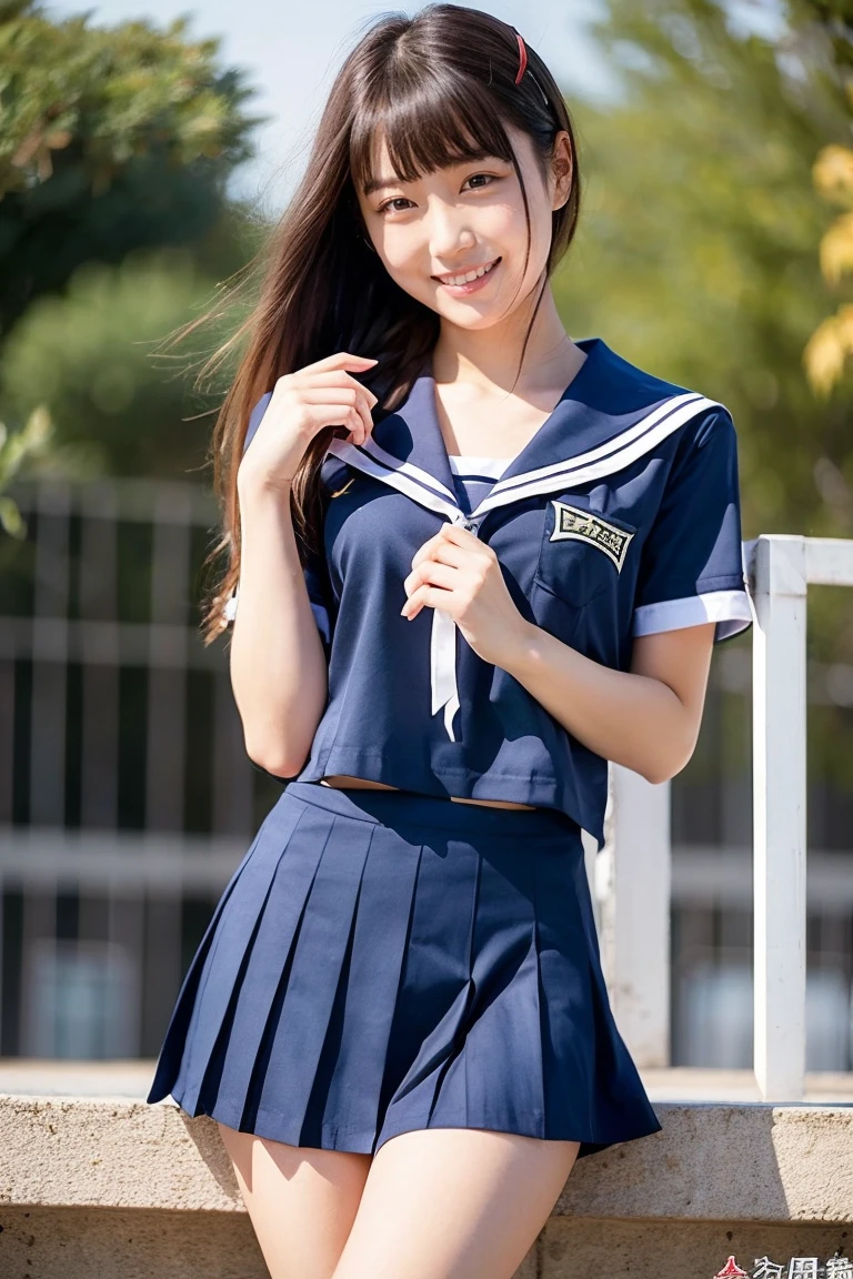 A young woman with very large breasts wearing a sailor suit,Her nipples are visible through her sailor uniform,Her underboobs are visible through her short sailor uniform,The zipper in the front is open, exposing her cleavage.,Long hair gives a young and adult feel,Young eight-headed woman,A scene where she has a calm expression and a gentle sidelong glance,Has long black hair,In the background, a girl is running down a school corridor with her short skirt fluttering.,She has a modest smile


