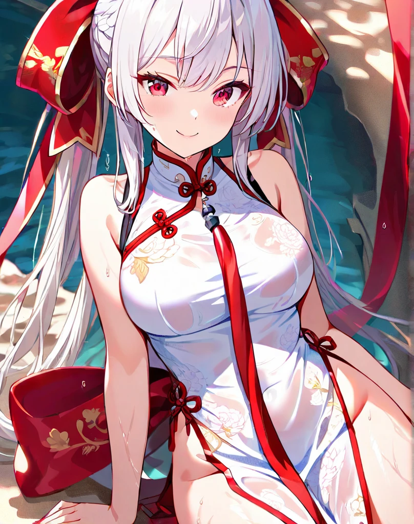 Masterpiece, top quality anime illustration, super detail, single girl, solo, beautiful girl with silver hair, anime loli, cat ear loli, pale color golden see-through cheongsam, short cheongsam, sleeveless, smile, bare skin lateral breast, thigh focus, cleavage emphasis, hot spring