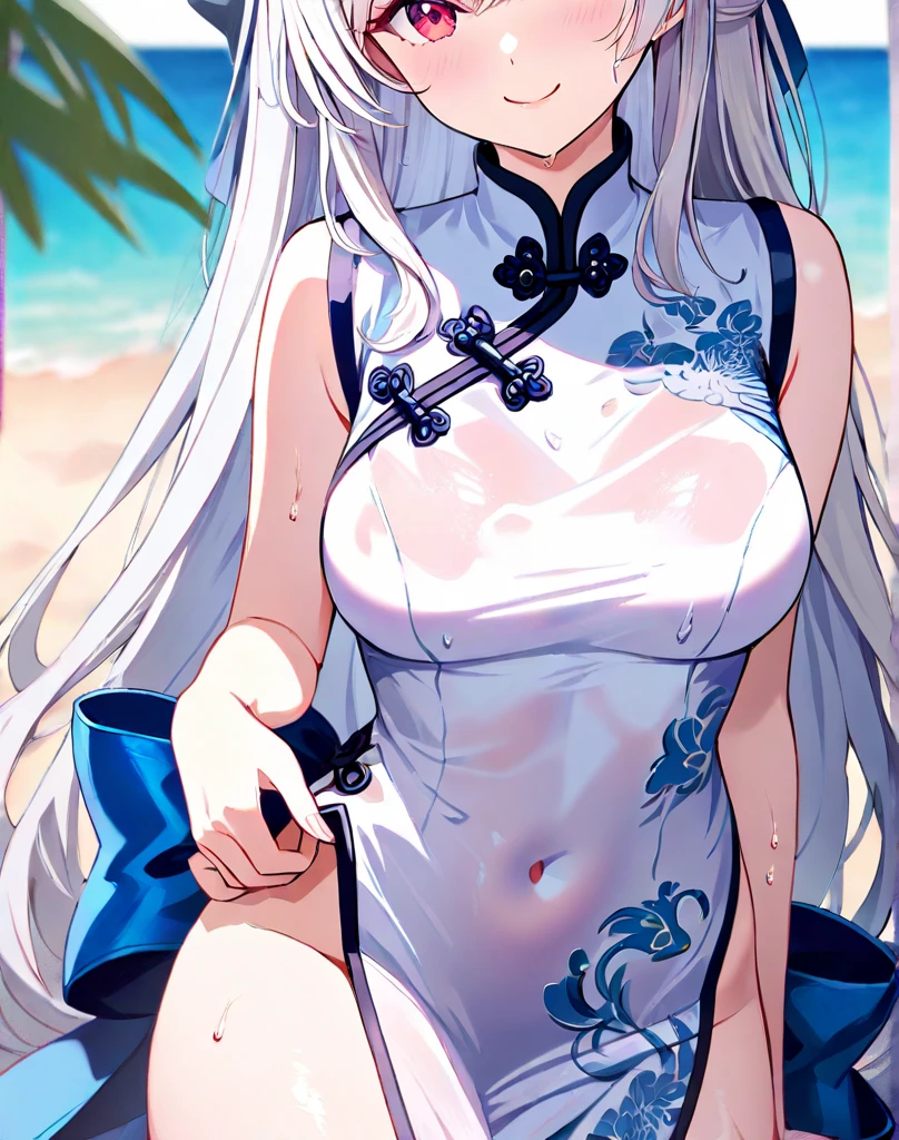 tmasterpiece, best quality, 1girl, illustrious (maiden lily&#39;s radiance) (azur lane), whaite hair, extra very long hair, eBlue eyes, hair adornments, nedium breasts, cleavage, china dress, chinese clothes, official alternate costume, white thighhighs, a garter belt, Dead reservoir water, beachside,