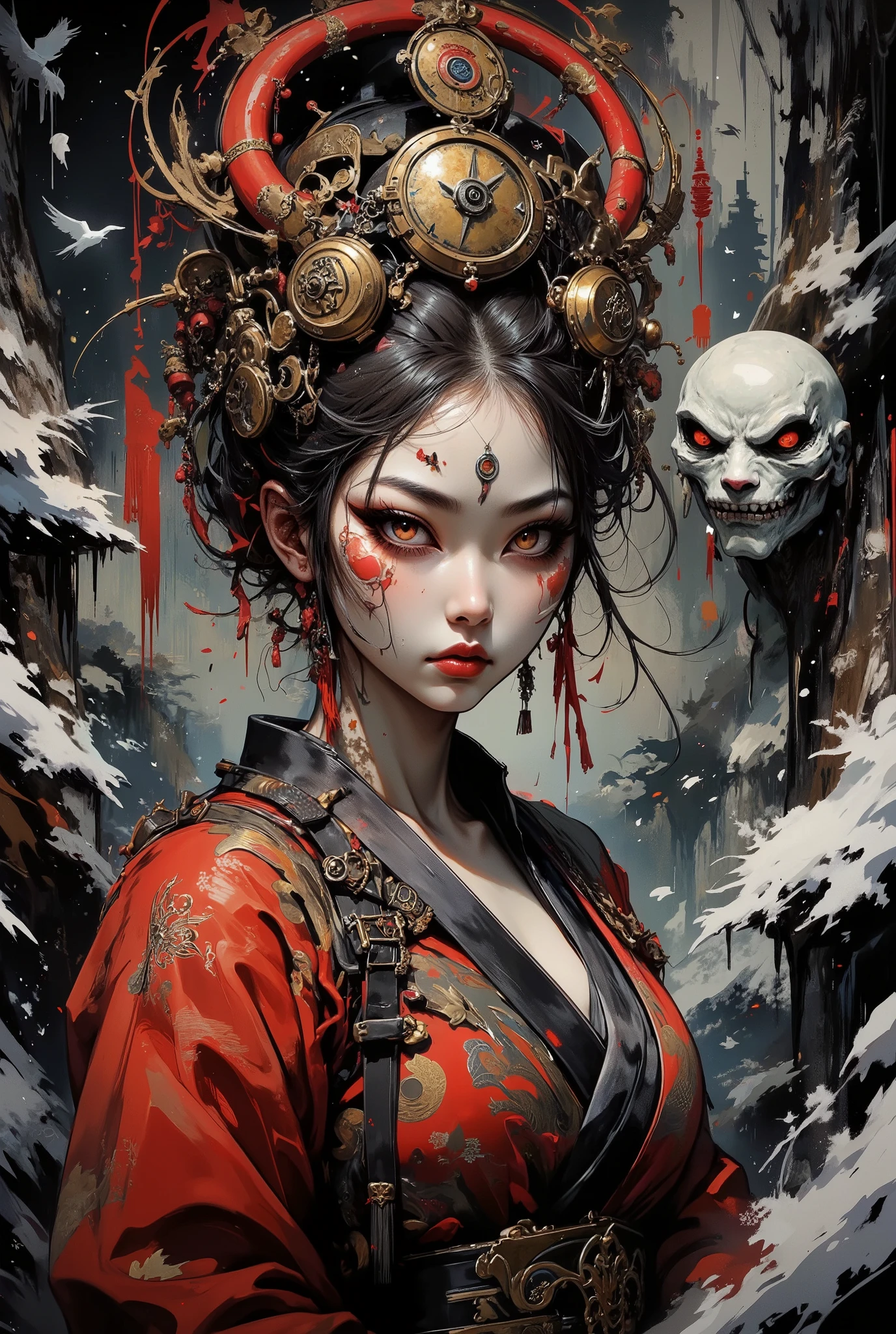 Stylized digital art of a Chinese girl, a magician's student. In the magical uniform of a sorceress. Dramatic red national costume. On his head is a tall golden, luminous hat. with a magic sign, lavish Baroque decor. One half of her face is dimly lit, while the other is hidden in deep shadow. Her face is distorted by a mysterious sinister grimace, and her beautiful oriental eyes hold a great secret of horror and a warning of malice. A magnificent figure. Her face is half hidden in deep shadow. She is surrounded by an icy blizzard and ominous shadows. In a red national costume, she wears a magic pocket watch, steampunk style eyes for selfish reasons. X} There is a slightly blurred tree in the background, Magical birds circling in the dark, cold sky.The color scheme: a combination of magical impressive shades, magical radiance and gloomy background. An atmosphere of magic and mystery. Low angle, color, tone, and aerial perspective. An abundance of decorative details. A magical interweaving of styles: Baroque, Art Nouveau and Steampunk. Semi-realistic, highly detailed digital art imitating painting, watercolor, ink, sketch.
