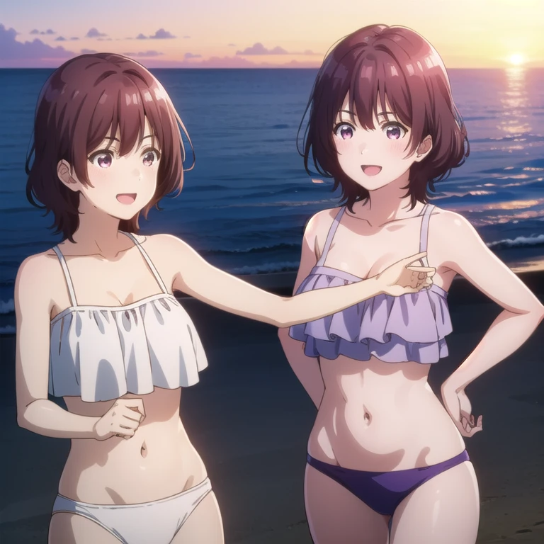 shizukamikazuki,
shizuka mikazuki, short hair, purple hair, hair ornament, hairclip, (pink eyes:1.5), swept bangs, looking at the viewer, blue theme, blue background, cloudy sky, sunlight, sweat, orgasmic, bikini swimsuit, medium breasts, cleavage, belly button exposed, collarbone, thighs, sea and beach,
