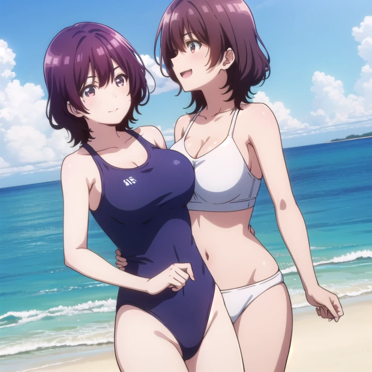 3 girls High level image quality best image quality 8K adult woman pool party rain palm trees more colors whole body view portrait bikini horn ears short hair((shortcut)(gray hair)(perm)(fluffy)) eye color is blue , , attractive evil face , smile , sexy pose , labrynth , barearm , , standing view from behind by the pool , crossed legs , all wet , wet hair