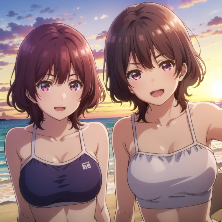 (Highest quality:1.5, High resolution, 超High resolution, 4K, Detailed lighting, Shaders), NSFW Misaka Mikoto, Solo Shorthair Brown Hair Brown eyes Cool face ((Tong Bikini))++ Rash guard Realistic sun rays Beautiful beaches Super fatty muscle Muscular Beautiful ass Beautiful back Sweat Side angle