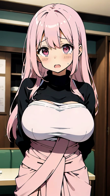pink hair side tail blouse big breasts anime style put index finger on mouth