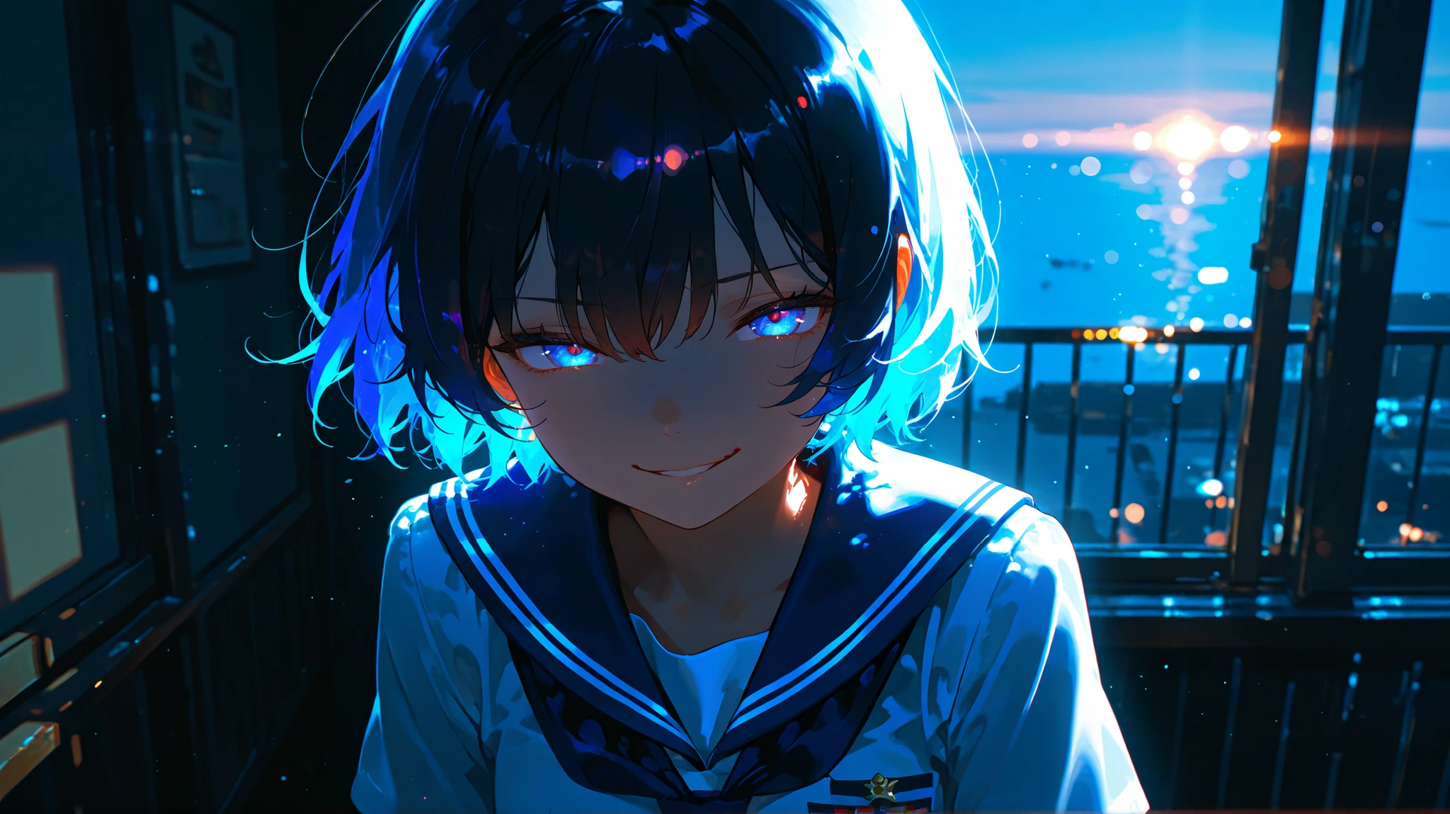 1girl, vivit colors, black short hair, navy school uniform, cinematic lighting, cinematic angle, soft light, color detail, backlighting, Depth of field, long exposure, light steps, intricate colors, vibrant colors, 748cmstyle, A dark, monstrous shadow in the shape of the girl smirks behind her as she stands under a flickering light. Her eyes are wide in pain, the air seems heavy. Light vs shadow contrast is intense.