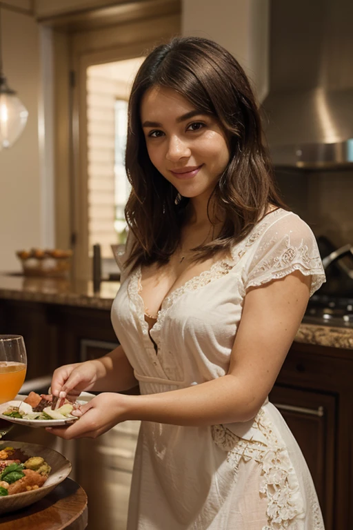 30-year-old Latina woman,long blonde hair,honey-colored eyes,smiling,((perfect hands and fingers)),eating stuffed turkey for dinner,sitting in the candlelit dining room of her home,oil painting,extremely detailed face,beautiful detailed lips,and face,realistic background,portraits,vivid colors,ultra-detailed,photorealistic,HDR,sharp focus,professional.