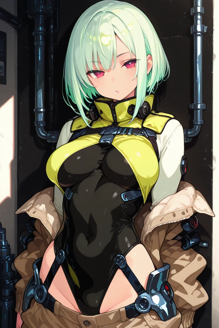1 girl, black hair, ponytail, light green eyes, small eyes, mature face, tsurime, big breasts, cameltoe, blurry background, blushed, grin, erect nipples, spy suit, no panties, biopunk, gun, blitz, headset, gloves, short boots, laboratory, pepperoni nipples, earrings, night, full body, torn clothes, areola slip, mucus, see-through, pubic hair, wet