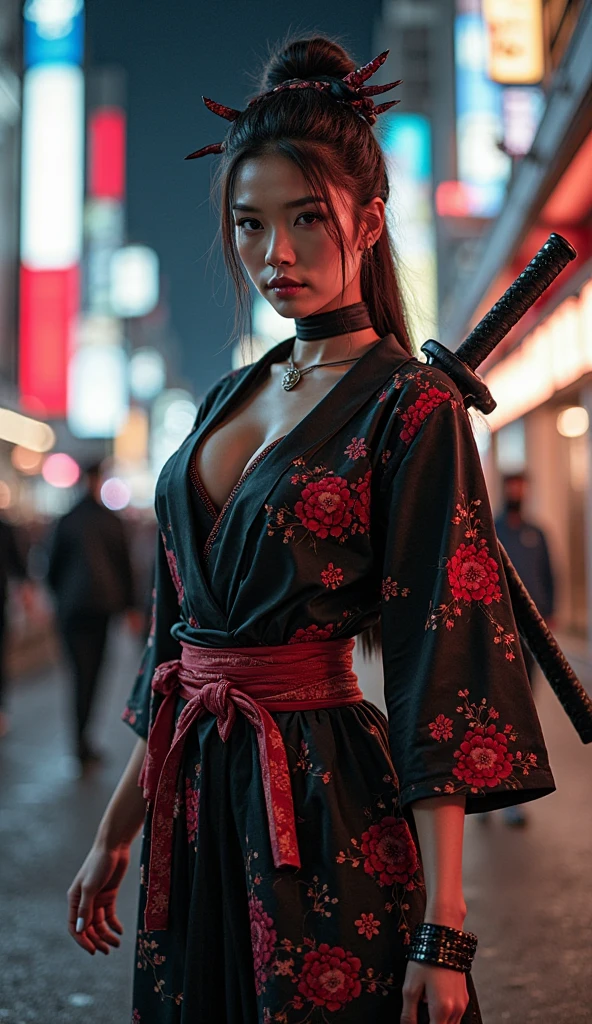 Beautiful Chinese woman, (16 years old), cute face, red lips, white moist skin, moles, (under-eye bags),
BREAK,
Feminine body with high athletic ability, Body of a female fitness model, Feminine body with hard tones, (Muscles: 1.2), (Beautiful belly button),
BREAK,
Fighter, Kung Fu fighter, Idol, (Yakuza), (Yakuza),
BREAK,
(Wearing a cute black kimono: 1.3), (Kimono with a lot of exposure), (Stiletto heels, black long boots 1.3), necklace, very large earrings, short length,
BREAK,
Short hair, (Short bob hair), (Bangs: 1.2), (Pink hair: 1.3), (Wavy hair),
BREAK,
(Very large Japanese sword: 1.4), (Holding the handle of a Japanese sword: 1.3), (Fighting: 1.2), (Getting into a fighting stance), (Beautiful blade of a Japanese sword: 1.2)
BREAK,
(Japanese tattoo: 1.4),
BREAK,
Masterpiece, Perfect lighting, Ultra high resolution, 8K, (Highly detailed: 1.4), (From the front), Looking at the camera, Melancholic expression,
BREAK,
(Tokyo city, lots of people in the background: 1.2), Shibuya city background in Tokyo, Japan, (Neon lights: 1.2) ((huge perky breasts, deep cleavage 1.8, thick thighs, curvy figure))