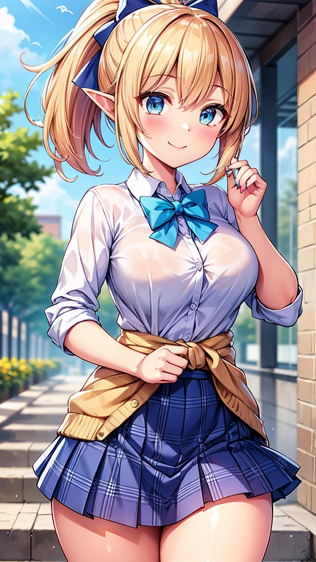 (masterpiece:1.3, highest quality, Ultra-high resolution, Very detailed), (Realistic:1.1, photoRealistic:1.4), Beautiful illustrations, Perfect lighting, colorful, Written boundary depth, Beautiful detailsまでこだわった髪, Beautifully detailed face, Beautiful details, Beautiful clavicle, Beautiful body, Beautiful breasts, Beautiful thighs, Beautiful legs, Beautiful fingers, View audience, 1 girl, Japanese, high school girl, Perfect Face, (Perfect Anatomy, Anatomically correct), Cute and symmetrical face, Baby Face, Sunburn, Shiny skin, (Middle Hair:1.5, Twin tails:1.2, blonde), Asymmetrical bangs, blue eyes, Long eyelashes, (Medium Chest), thin, ((Collared short-sleeved shirt, Light blue shirt, , Grey plaid pleated skirt, To the Navy)), No pants, (Beautiful views), evening, (Outdoor, distant cityscape), Are standing, (peace sign), (Cute Smile, Blushing、Upward glance, Open your mouth), (Cum gushing out of a very open vagina:0.9),