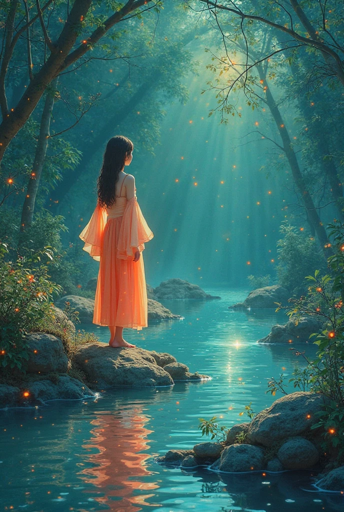 Create a anime style landscape image. there is a woman sitting on a rock in the water, anamorphic lens flares 4k, behance. high detail, among golden fireflies, stellation,  with magical powers, by Itshak Holtz, holding wands, connectedness, story art, imaginary