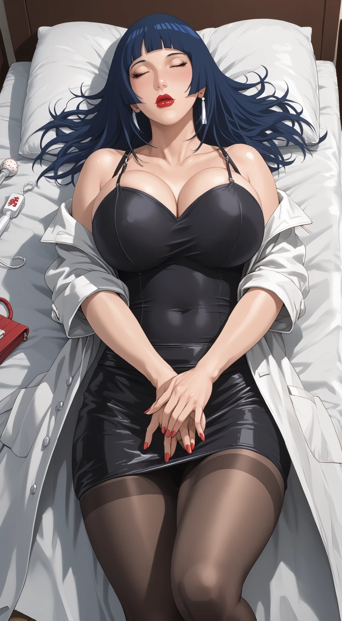 Score_9, Score_8_up, Score_7_up, Score_6_up, Score_5_up, Score_4_up, Source_anime, Tag1, Tag2, Quality_masterpiece, Anatomically correct, Beautiful face, Perfect face, Highly detailed beautiful face and eyes, Attractive face, Detailed face, Delicate facial features, Detailed skin, Hyper breasts, Thicc Lips, thick thigh, Gargantuan butt, Huge Hips, Shiny Oiled Skin, Hourglass body, Sensual woman, Mature female, Milf, Motherly, Elegant, Glamor, Bitch, Slut, Whore, Voluptuous, Seductive, Glamor, Saimin_Seishidou Universe, Hinata_Hyūga, Dark Blue Hair, Closed Eyes, Long Hair, Hime-Cut Hair, Red Lipstick, Thick Lips, Sensual Lips, Curvy, Plump, shy, seductive BREAK Wide-angle view, Lying On Bed, Sleeping, ((Wearing Doctor Coat, Tight Pantyhose, Mini Skirt)), Realistic Missionary Position, Moleistering Scene While The Woman's Has been Sleeping After Drinks that have previously been mixed with sleeping pills, Fourth_Raikage's hand Squeezing Breasts From Front, Fourth_Raikage's hand Groping Breasts From Front, Fourth_Raikage's hand nuru Massaging Breasts From Front, INTERRACIAL FOREPLAY SCENE, Fourth_Raikage's Point Of View, Shot From Above, ((Bouncing Breasts)), ((Bouncing As a result of being squeezed by Fourth_Raikage's)).