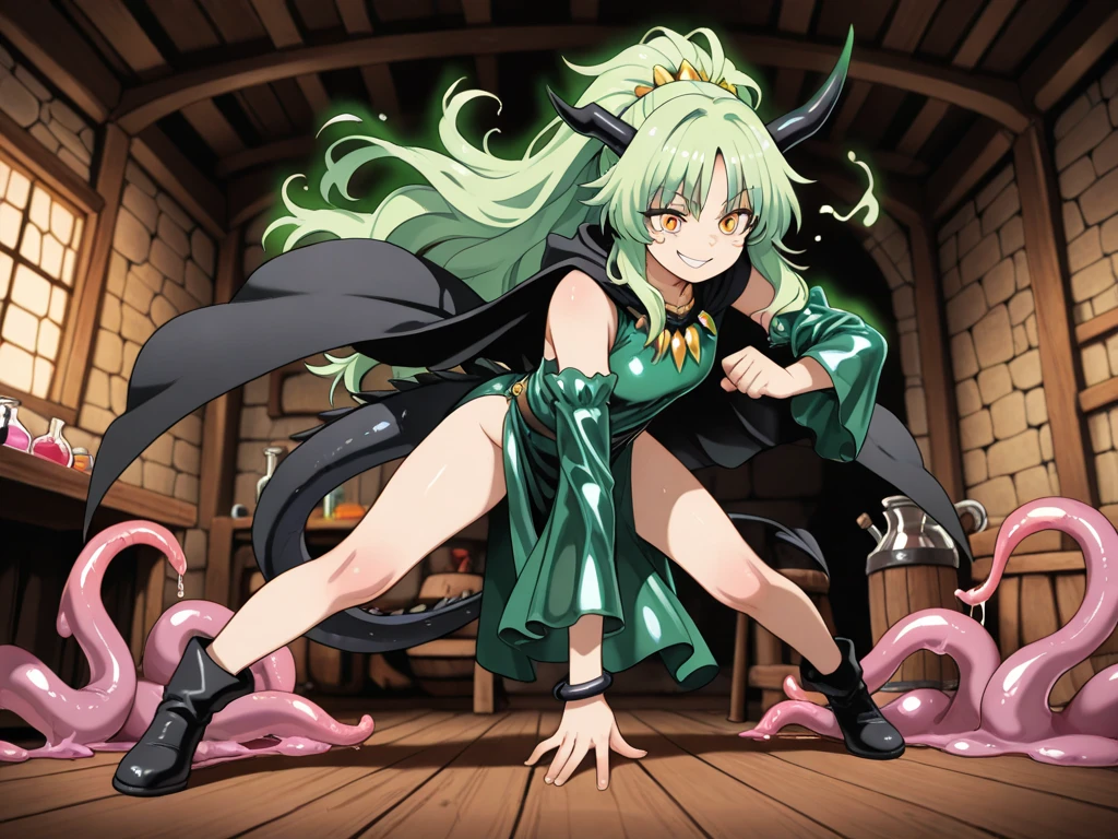 masterpiece, Highest quality, Highest quality, masterpiece, High resolution、The top and bottom of her underwear are visible、The crotch is open、In the medieval town,With the wizard girl、Many slimes、The one we are fighting is、Visible in the distance、Girl holding a walking stick、Uses fire magic