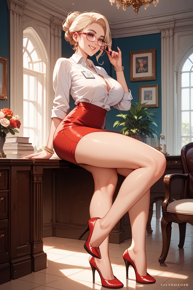 (masterpiece), best quality, perfect face, 1girl, mature woman, leaning forward, long grey hair, large breasts, hanging breasts, cleavage, narrow waist, ((stewardess)), ((ultra short skirt:1.2)), pencil skirt, choker, very small shirt, red skirt, ((mini tight skirt: 1.2)), full body, white high heels, garters, lace stockings,long and slender legs, beautiful legs,erotic