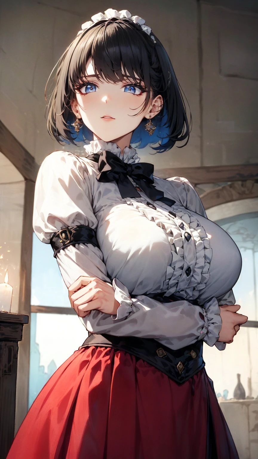 1girl, solo, maid with apron, medium breast hold, breasts, heart brooch necklace, closed mouth, crossed arms