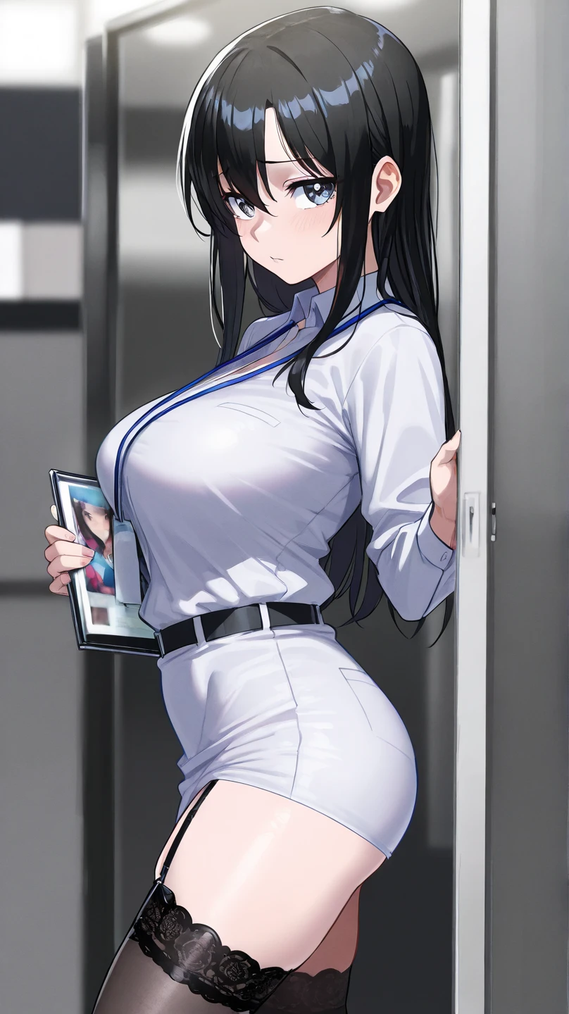a gorgeous anime-style office lady with a perfect body, wet and sheer shirt, having missionary sex, large penis, legs spread, bottomless