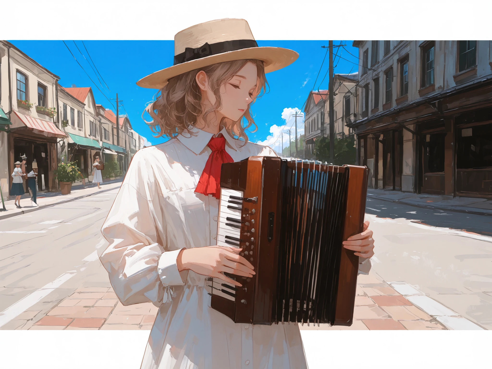 masterpiece, medium shot, front shot, Perfect female body, woman, 20 years old, short wavy delicate hair, light brown hair, joy, white dress shirt, red ascot, stylish hat, playing accordion, street, onlookers, spring, blue sky