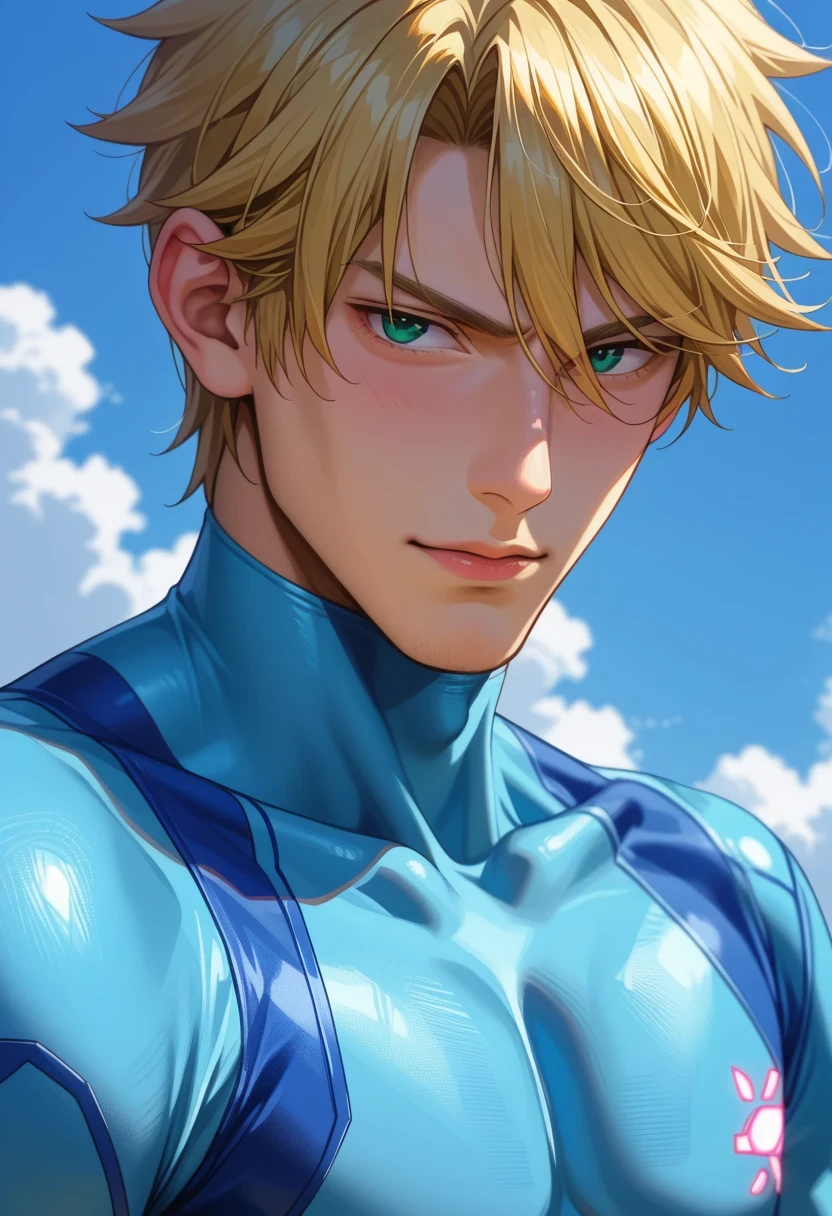 score 9 、score 8 up、score 7 up、1boy、solo、(male:1.5)、male focus、male body、defSamus、blonde hair、短髪、ボディスーツ、zero suit、blue body suit、blue clothes、blue pantynose、長袖、blue gloves、自信に満ちた表情、ジューシーな唇、confident smile、片方の拳、立っている、あなたを見ている、宇宙船、スピーチバブル、
