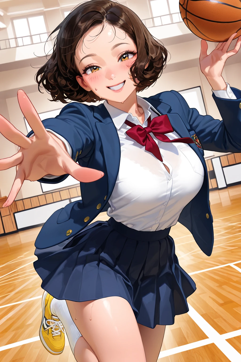 Sexy legs, short hair, bangs, skirt, brown hair, long sleeves, brown eyes, closed mouth, school uniform, blue jacket, cowboy shot, Best quality, super detailed, best resolution, detailed art, HD, movie quality, score_9, score_8_up, score_7_up, score_9, source_anime, kugisaki Nobara, Big breasts, looking at viewer, bangs, skirt, large breasts, long sleeves,kugisaki Nobara face, Excited face, Pantyhose, kick  , Kicking At Viewer POV, kicking at viewer