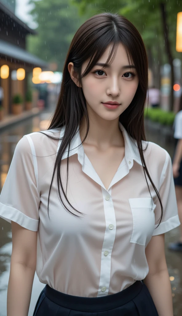 insanely Beautiful 13yr old japanese seductive female, , Beautiful fece, blush , ,lob hair, school uniform, thin-blouse ,navy Skirt ,,slender body, skinny body,hourgrass body ,slim waist,slim limb,slim hips,pale skin,at outdoor bench,rainy day,,wet sheer clothes,wet,wet body,wet skin,, soaked,soaking wet , natural lighting,clean detailed faces,, photo realistic, depth of field, clean image, Beautiful eyes,high quality, high detail, high definition, Luminous Studio graphics engine,Unreal Engine5, HDR,master-piece,beautiful nice tits ,Transparent lingerie,,sitting,