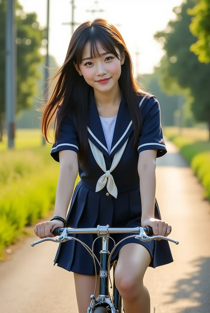 8k、highest quality、masterpiece、超A high resolution、picture、The elegance of beautiful Japanese women、Single-lens reflex camera、There are good ones、A transparent atmosphere、sexy lip、slanted bangs、beautiful face、long hair、make bangs、smile、natural soft light、One 17 year old high school girl in uniform、country road、riding a bicycle